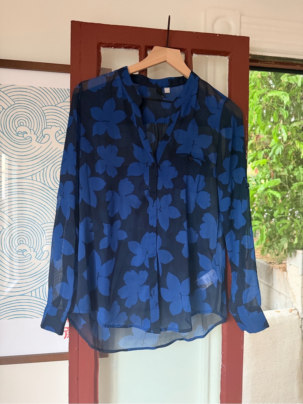 Sheer Floral Button-Front Blouse - Blue